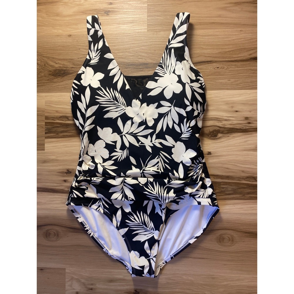 Lands End Womens XXL One Piece Swimsuit Black White Floral Tropical V-Neck Mesh